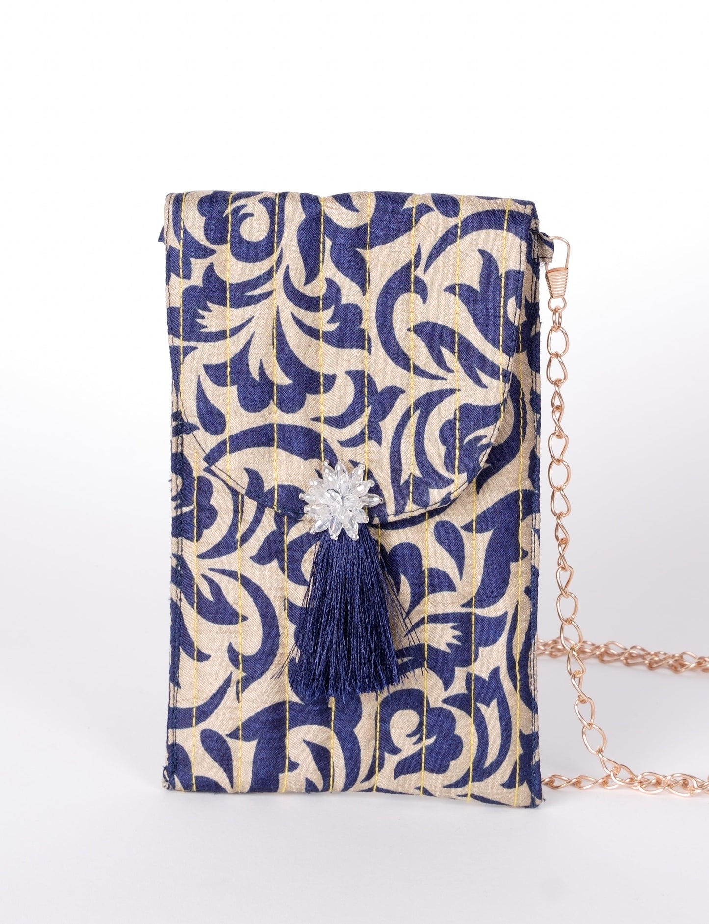 Stylish mobile phone pouch with tassel charm. Made from sustainable materials for eco-friendly fashion.