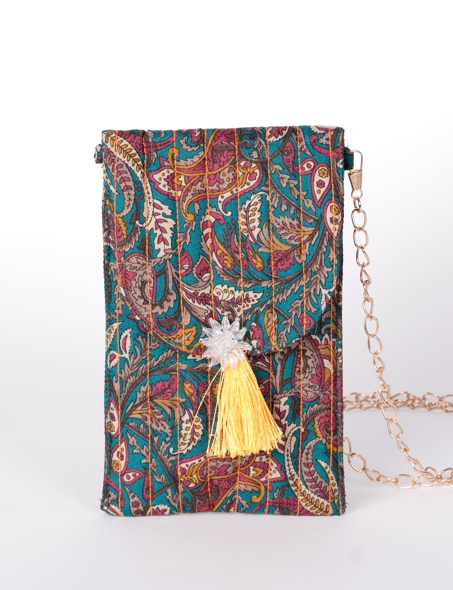 Stylish mobile phone pouch with tassel charm. Made from sustainable materials for eco-friendly fashion.