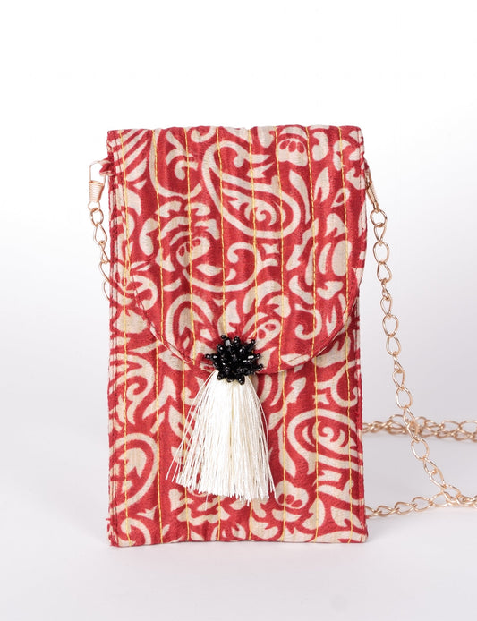 Stylish mobile phone pouch with tassel charm. Made from sustainable materials for eco-friendly fashion.