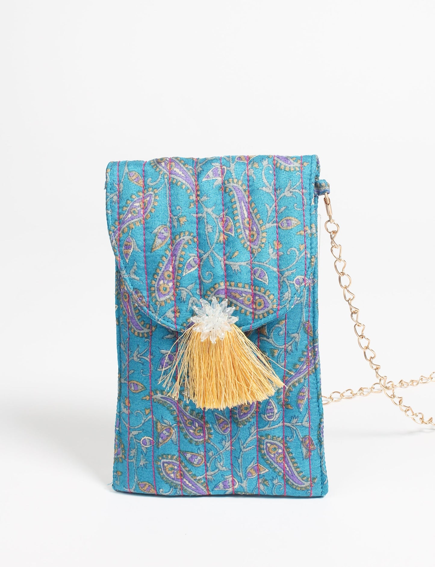 Stylish mobile phone pouch with tassel charm. Made from sustainable materials for eco-friendly fashion.