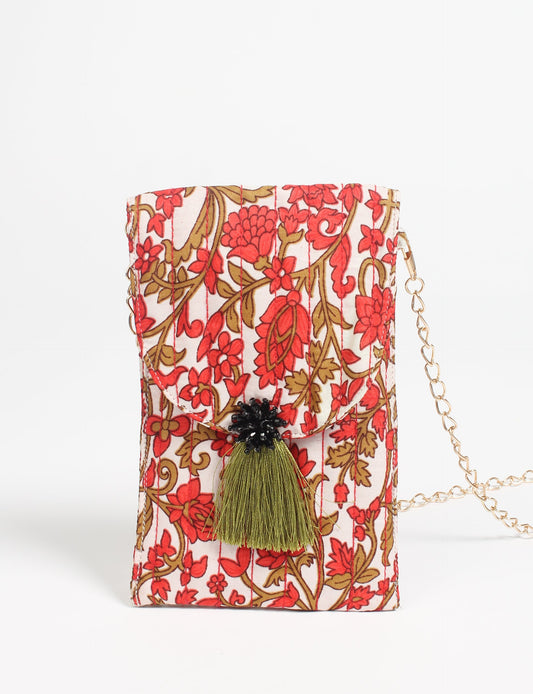 Stylish mobile phone pouch with tassel charm. Made from sustainable materials for eco-friendly fashion.