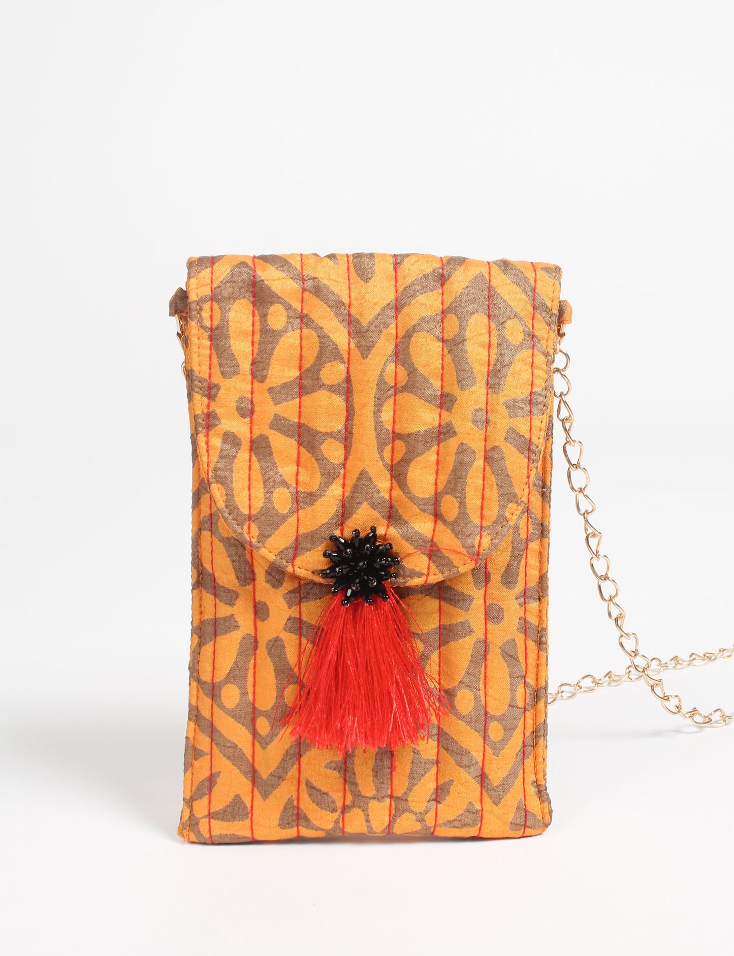 Stylish mobile phone pouch with tassel charm. Made from sustainable materials for eco-friendly fashion.