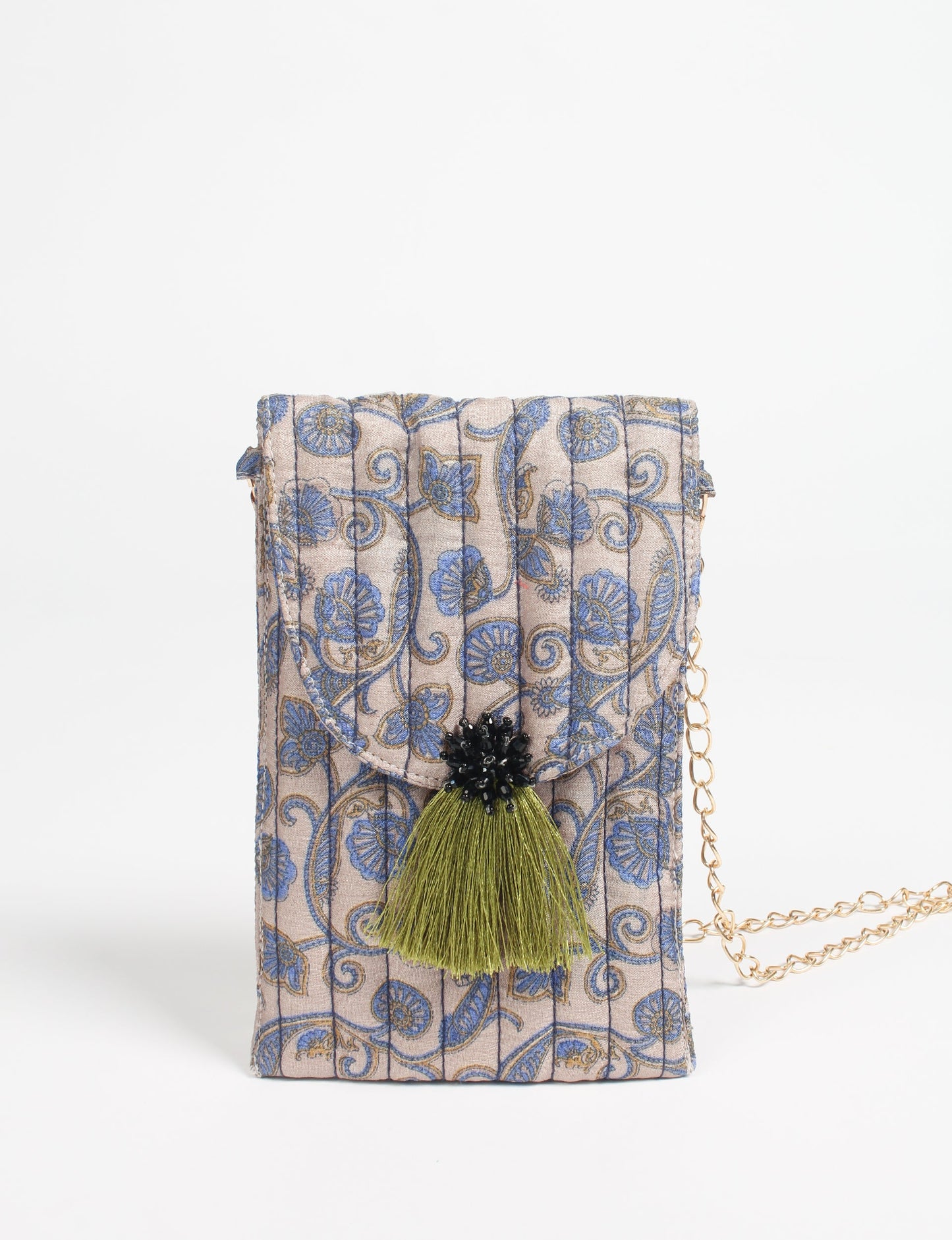 Stylish mobile phone pouch with tassel charm. Made from sustainable materials for eco-friendly fashion.