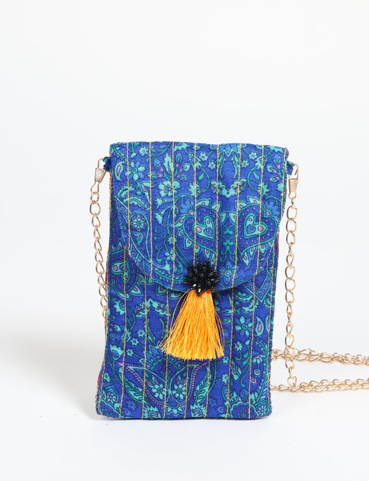 Stylish mobile phone pouch with tassel charm. Made from sustainable materials for eco-friendly fashion.