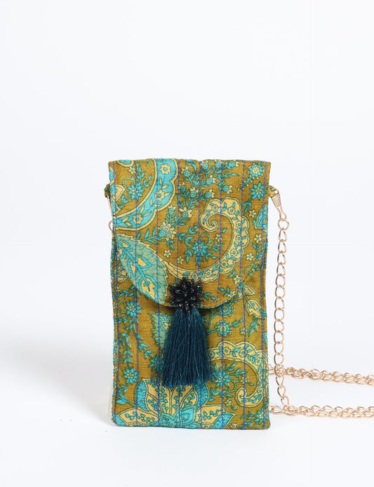 Stylish mobile phone pouch with tassel charm. Made from sustainable materials for eco-friendly fashion.