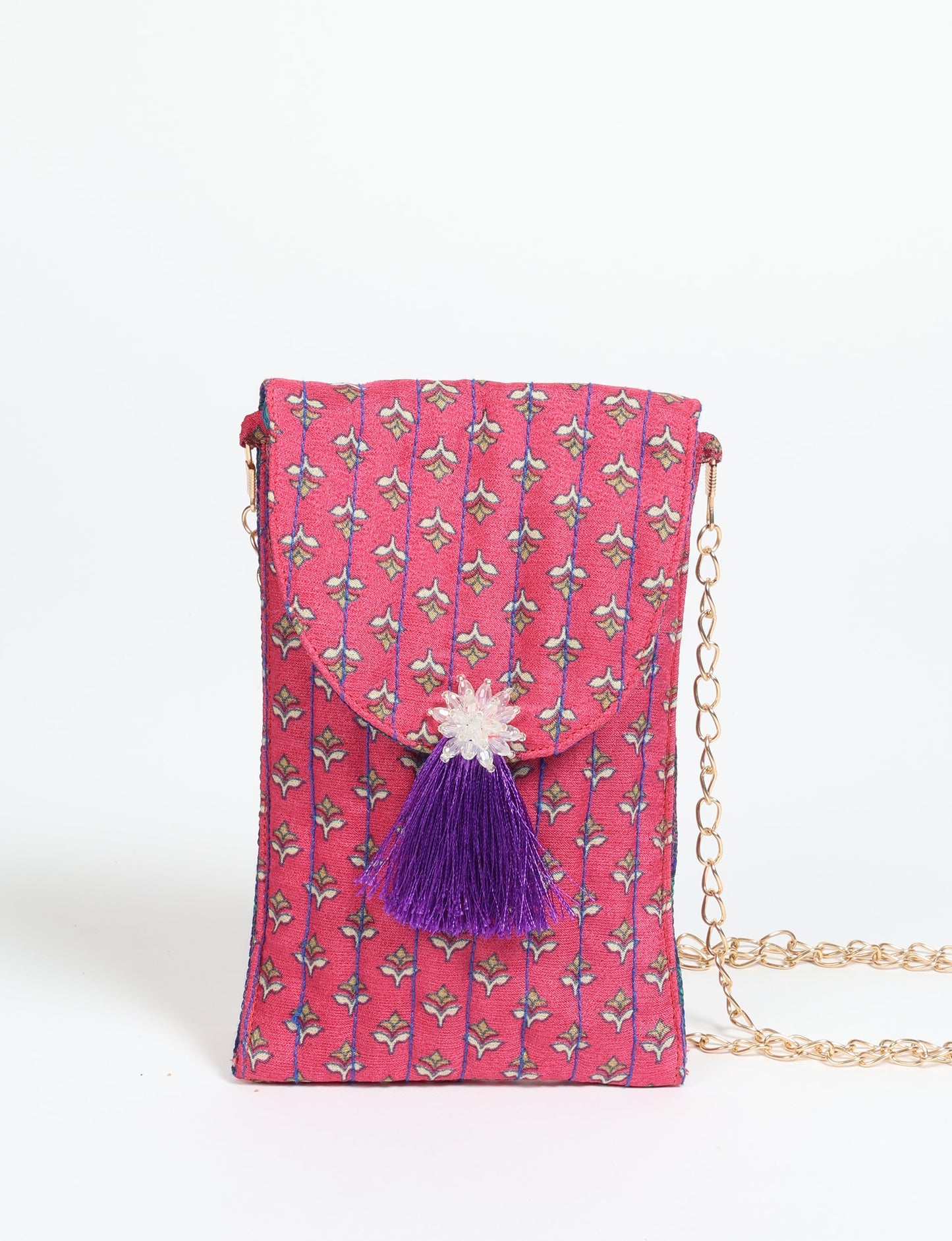 Stylish mobile phone pouch with tassel charm. Made from sustainable materials for eco-friendly fashion.