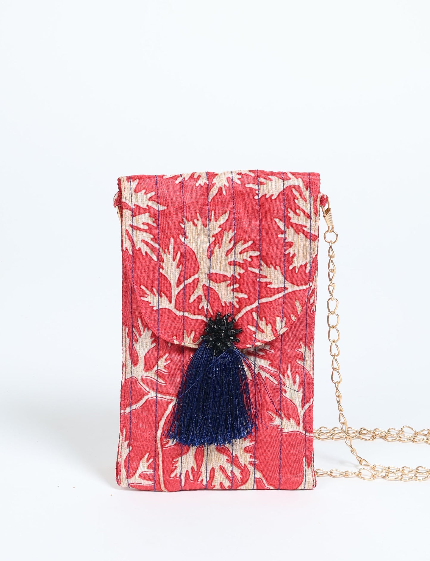 Stylish mobile phone pouch with tassel charm. Made from sustainable materials for eco-friendly fashion.