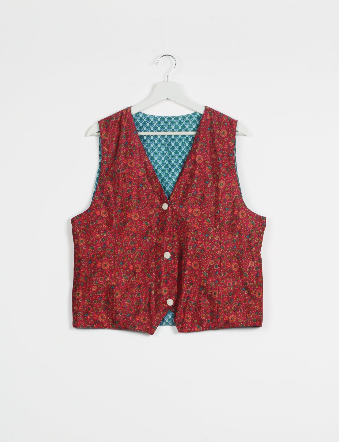 Day Waistcoat made from repurposed saris with macramé-covered buttons, showcasing eco clothing and recycled sari fashion for an eco-friendly, upcycled women's garment.