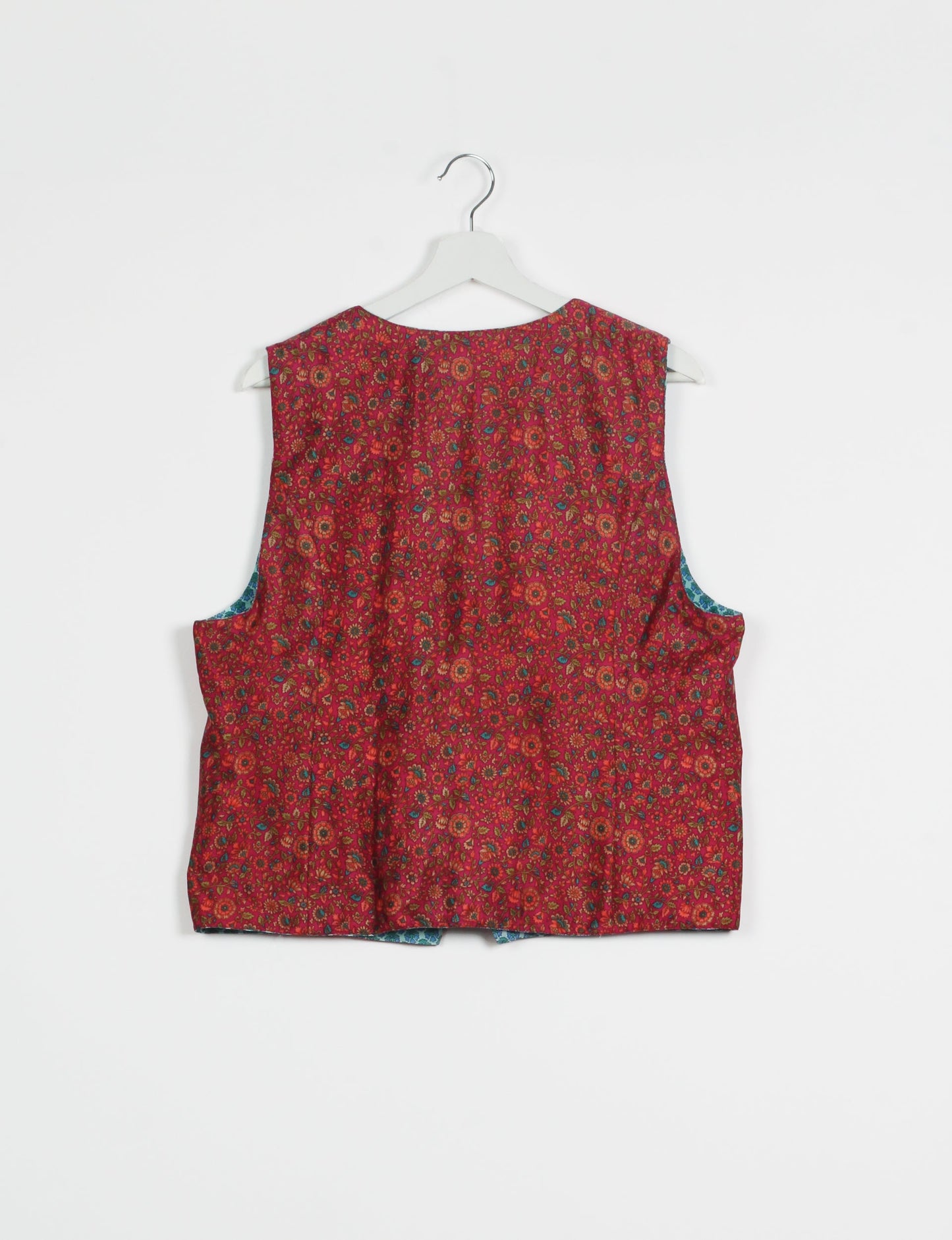 Day Waistcoat made from repurposed saris with macramé-covered buttons, showcasing eco clothing and recycled sari fashion for an eco-friendly, upcycled women's garment.