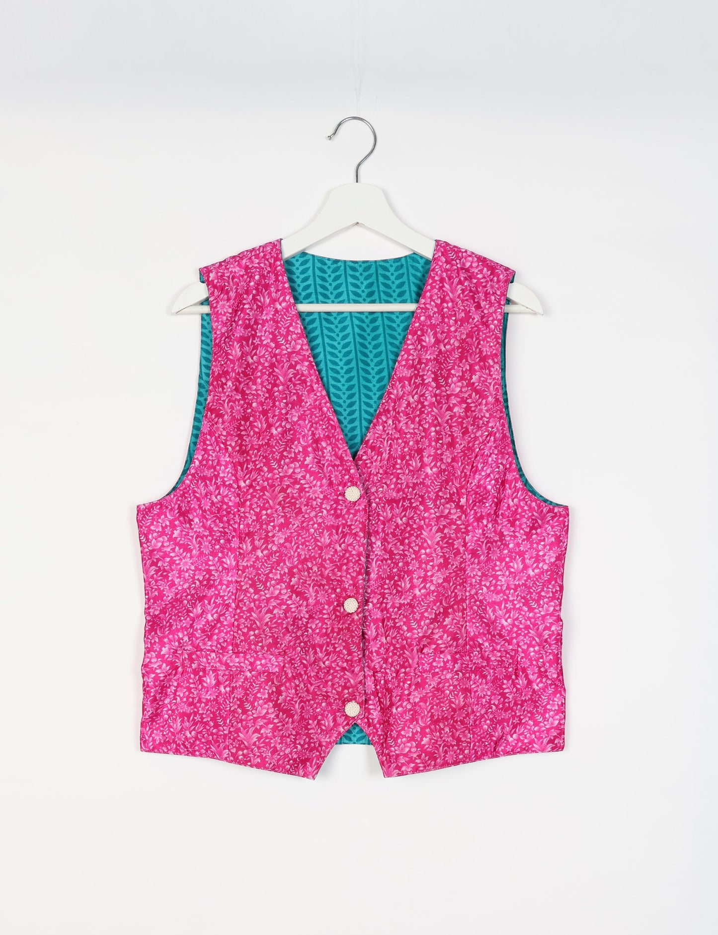 Day Waistcoat made from repurposed saris with macramé-covered buttons, showcasing eco clothing and recycled sari fashion for an eco-friendly, upcycled women's garment.