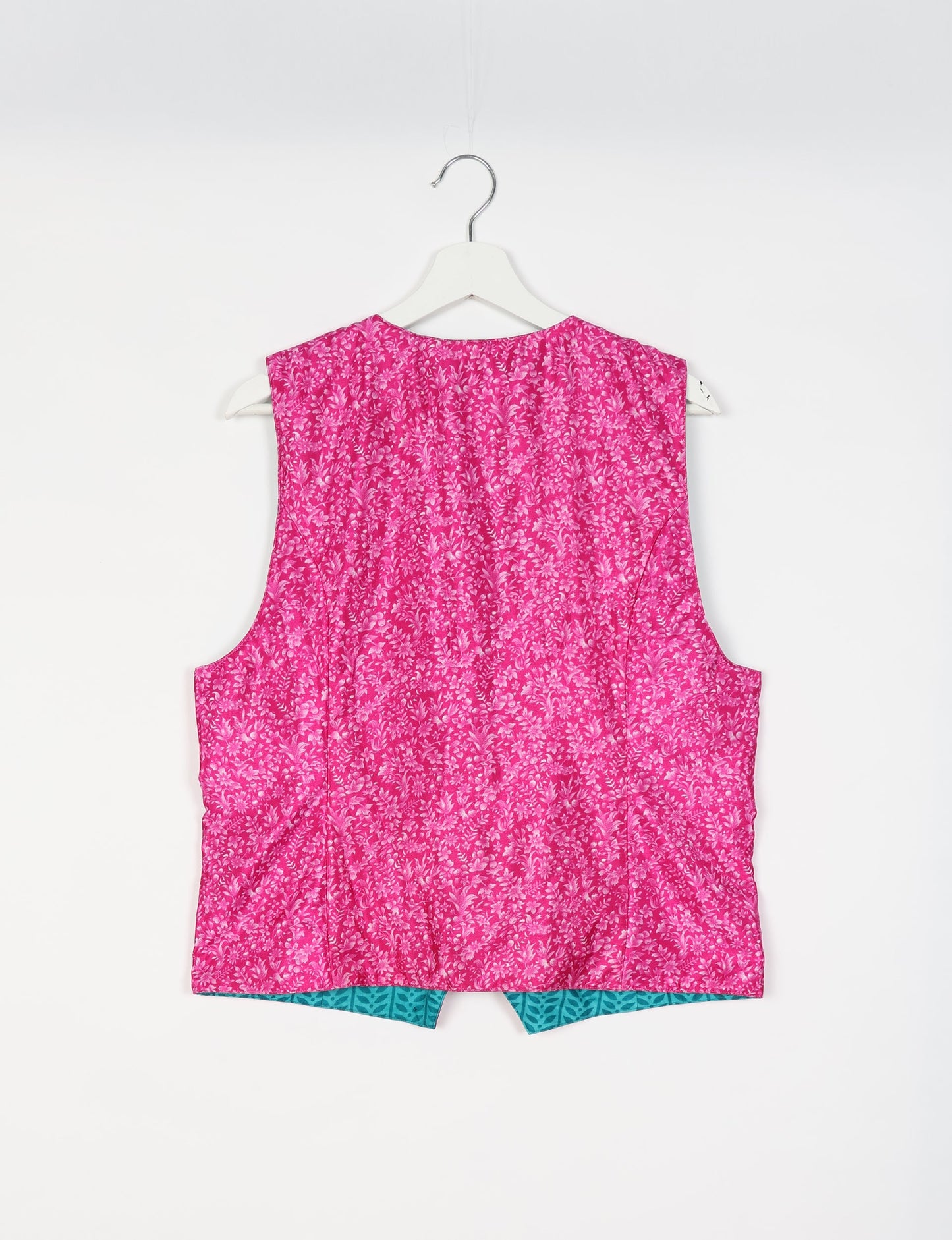 Day Waistcoat made from repurposed saris with macramé-covered buttons, showcasing eco clothing and recycled sari fashion for an eco-friendly, upcycled women's garment.