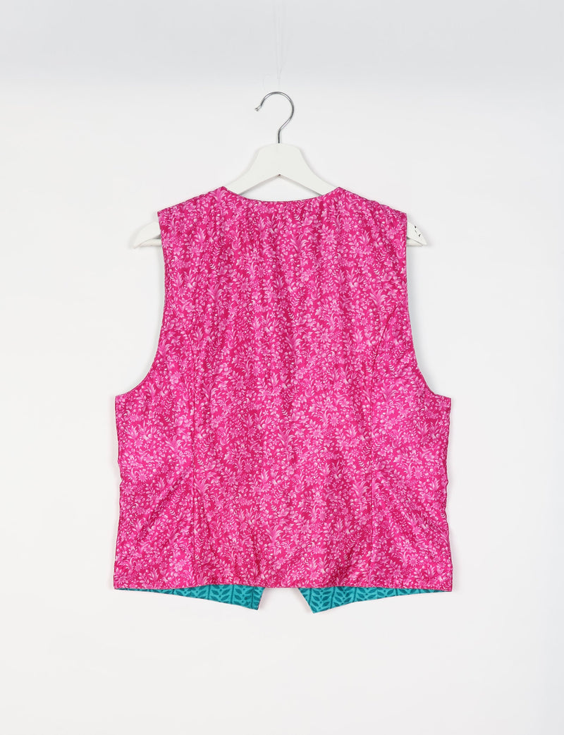 Day Waistcoat made from repurposed saris with macramé-covered buttons, showcasing eco clothing and recycled sari fashion for an eco-friendly, upcycled women's garment.