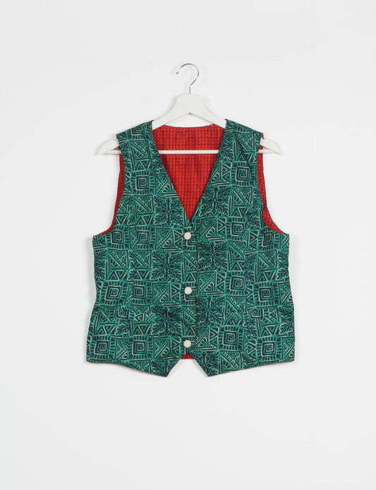 Day Waistcoat made from repurposed saris with macramé-covered buttons, showcasing eco clothing and recycled sari fashion for an eco-friendly, upcycled women's garment.