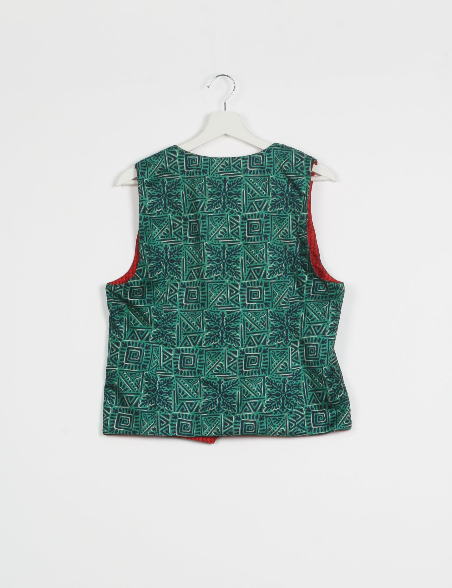 Day Waistcoat made from repurposed saris with macramé-covered buttons, showcasing eco clothing and recycled sari fashion for an eco-friendly, upcycled women's garment.