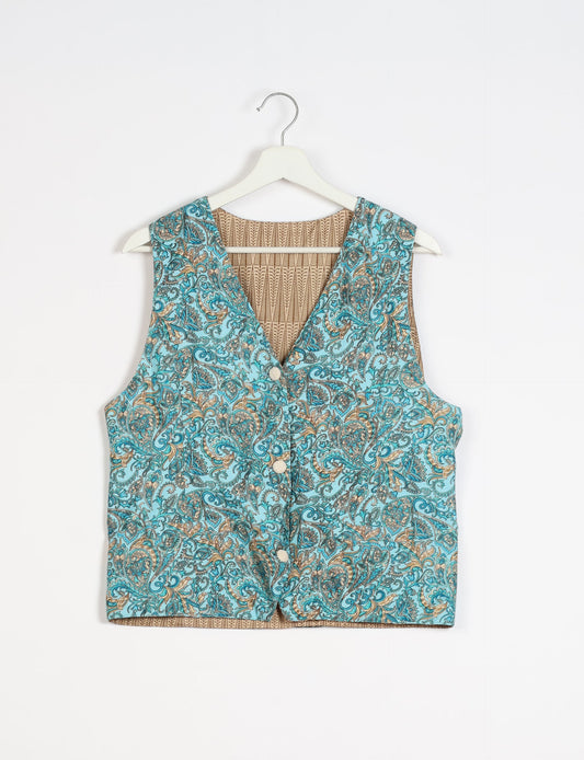 Day Waistcoat made from repurposed saris with macramé-covered buttons, showcasing eco clothing and recycled sari fashion for an eco-friendly, upcycled women's garment.