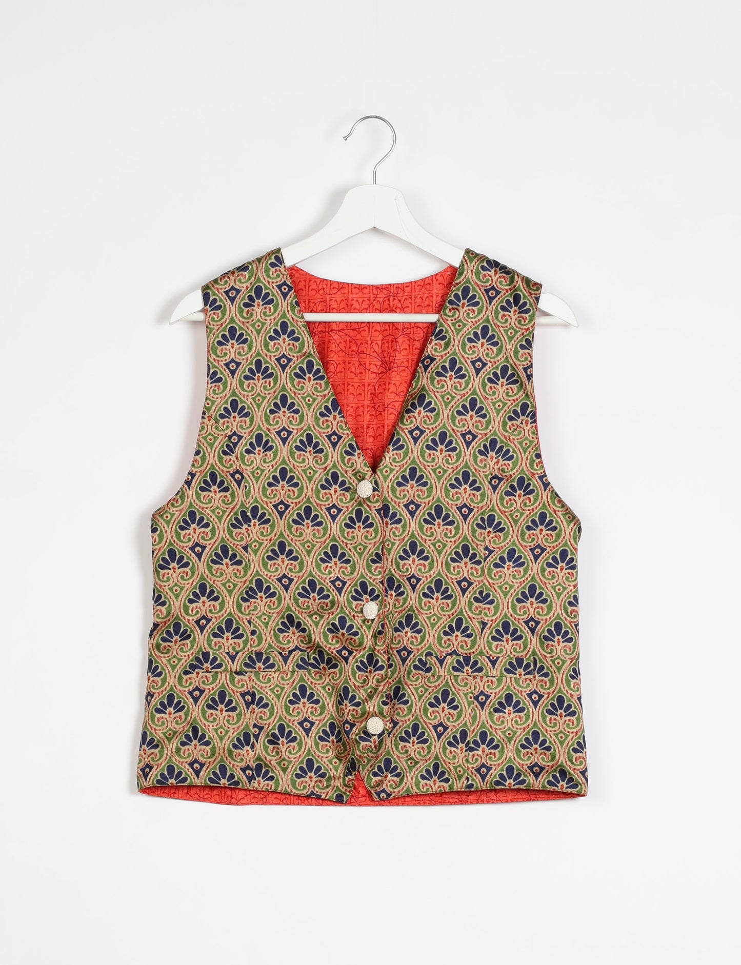 Day Waistcoat made from repurposed saris with macramé-covered buttons, showcasing eco clothing and recycled sari fashion for an eco-friendly, upcycled women's garment.