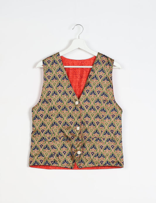 Day Waistcoat made from repurposed saris with macramé-covered buttons, showcasing eco clothing and recycled sari fashion for an eco-friendly, upcycled women's garment.