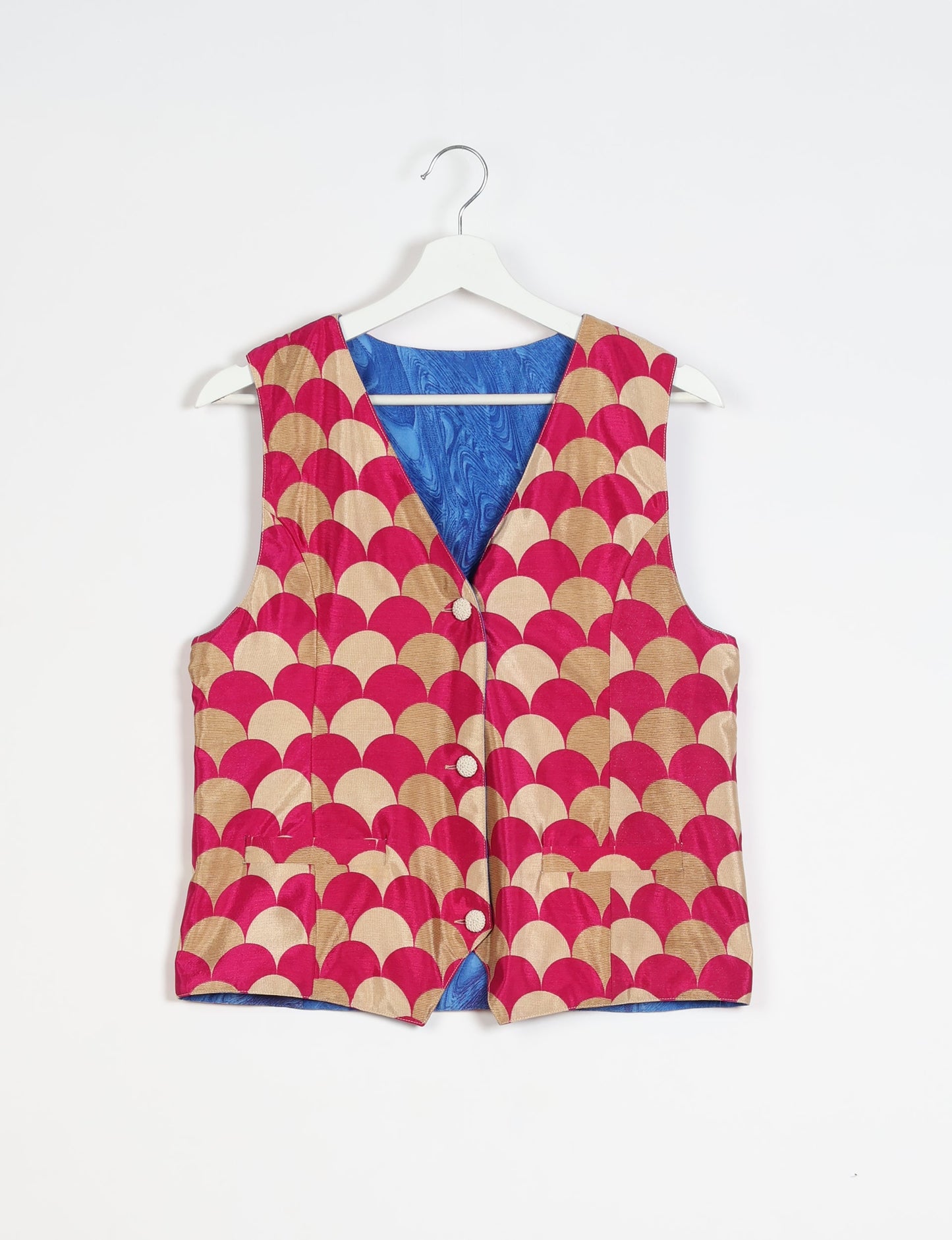 Day Waistcoat made from repurposed saris with macramé-covered buttons, showcasing eco clothing and recycled sari fashion for an eco-friendly, upcycled women's garment.