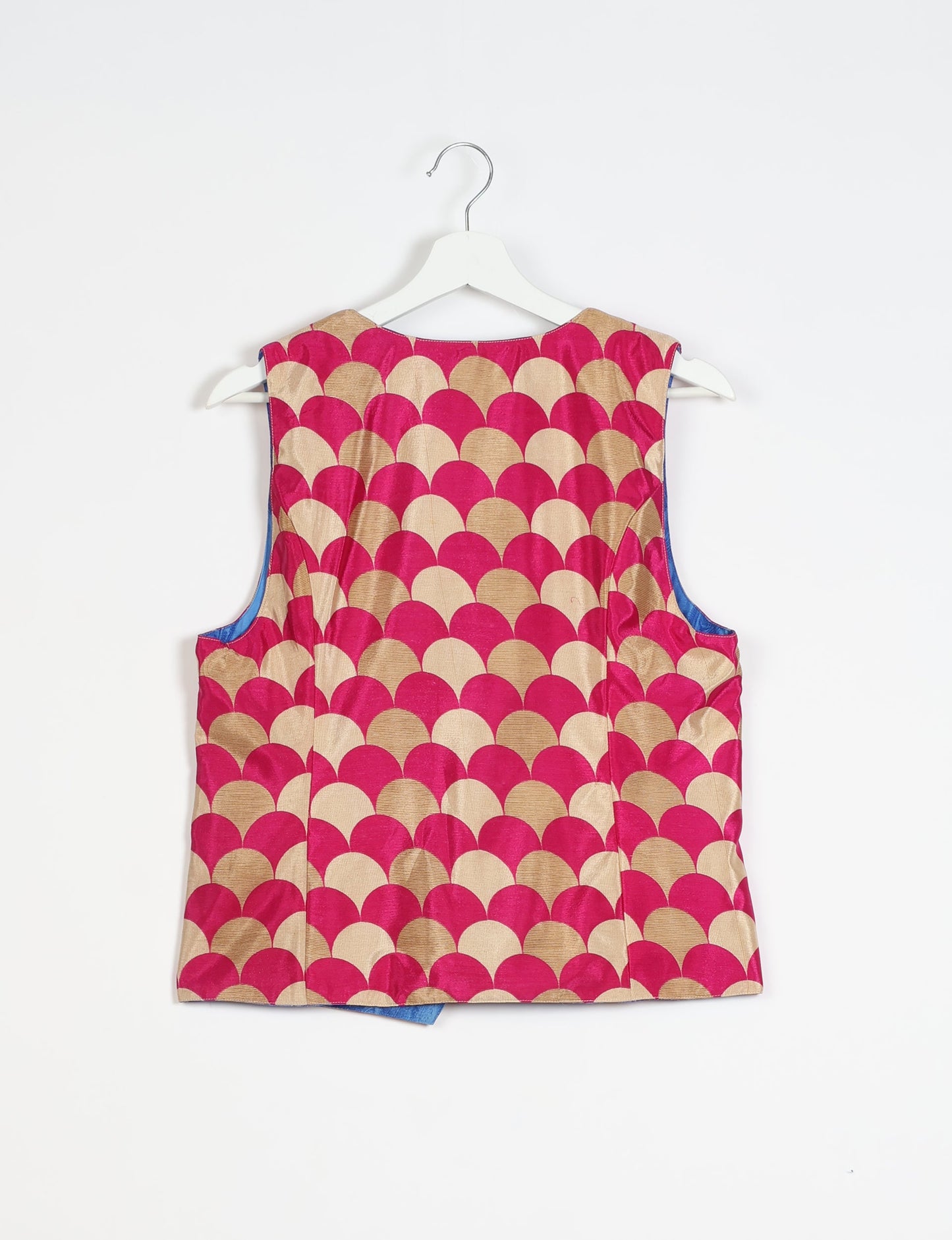 Day Waistcoat made from repurposed saris with macramé-covered buttons, showcasing eco clothing and recycled sari fashion for an eco-friendly, upcycled women's garment.