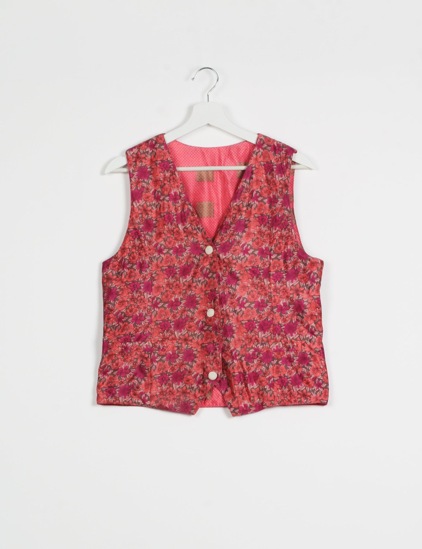 Day Waistcoat made from repurposed saris with macramé-covered buttons, showcasing eco clothing and recycled sari fashion for an eco-friendly, upcycled women's garment.