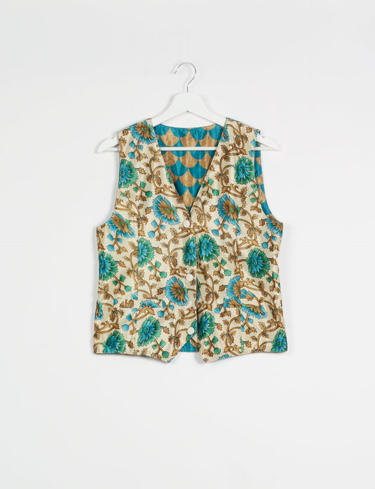 Day Waistcoat made from repurposed saris with macramé-covered buttons, showcasing eco clothing and recycled sari fashion for an eco-friendly, upcycled women's garment.