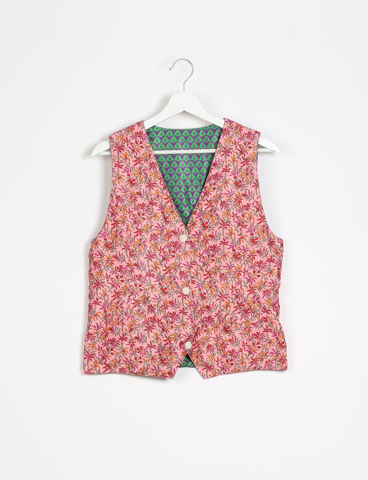 Day Waistcoat made from repurposed saris with macramé-covered buttons, showcasing eco clothing and recycled sari fashion for an eco-friendly, upcycled women's garment.