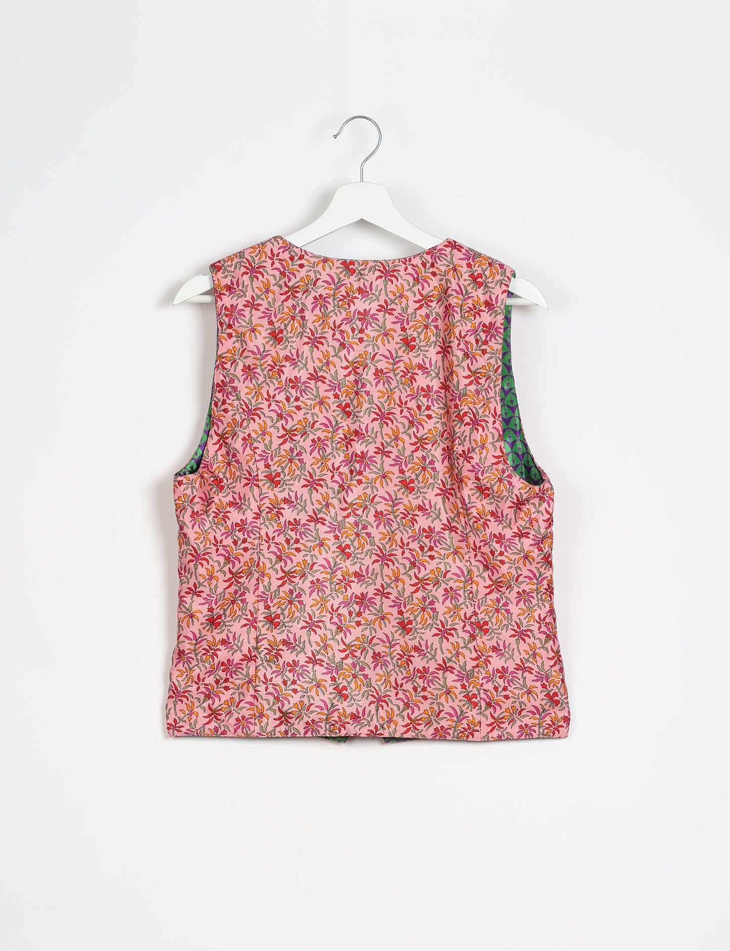 Day Waistcoat made from repurposed saris with macramé-covered buttons, showcasing eco clothing and recycled sari fashion for an eco-friendly, upcycled women's garment.