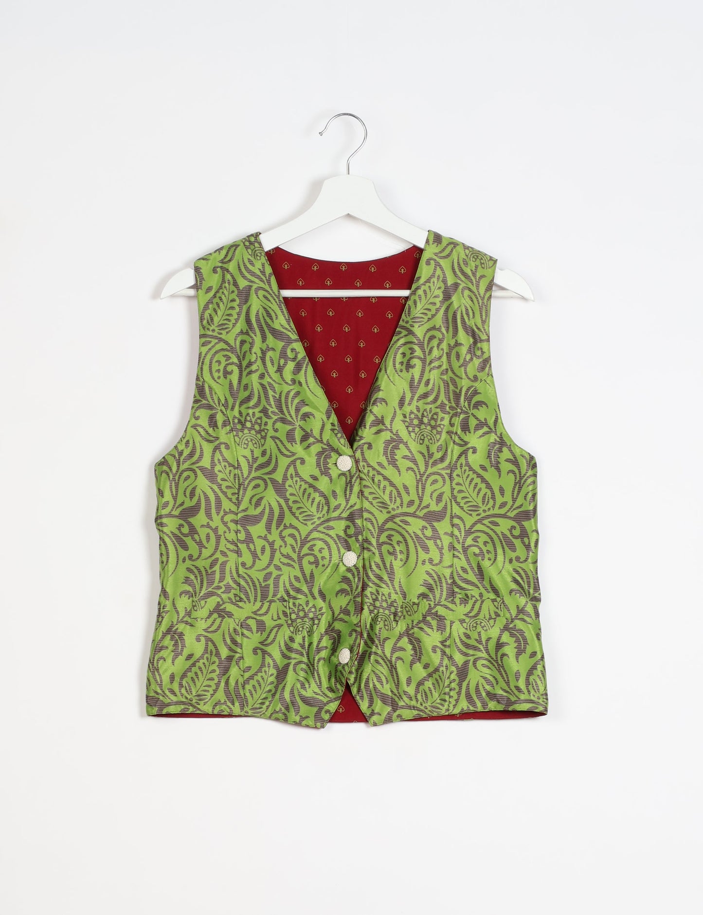 Day Waistcoat made from repurposed saris with macramé-covered buttons, showcasing eco clothing and recycled sari fashion for an eco-friendly, upcycled women's garment.