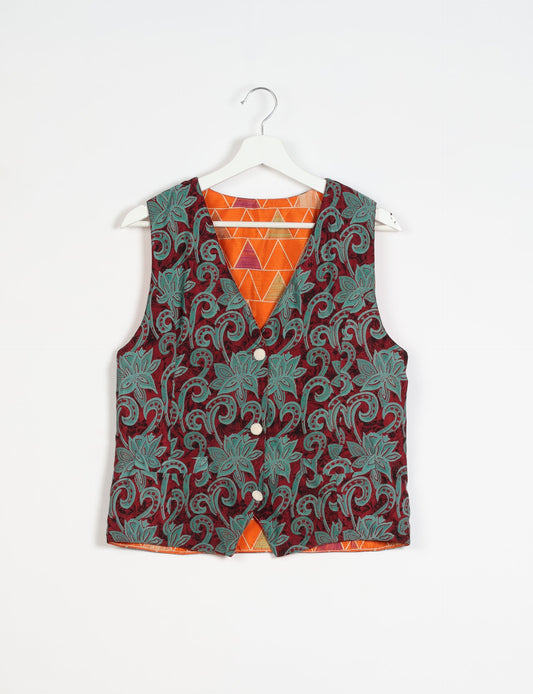 Day Waistcoat made from repurposed saris with macramé-covered buttons, showcasing eco clothing and recycled sari fashion for an eco-friendly, upcycled women's garment.