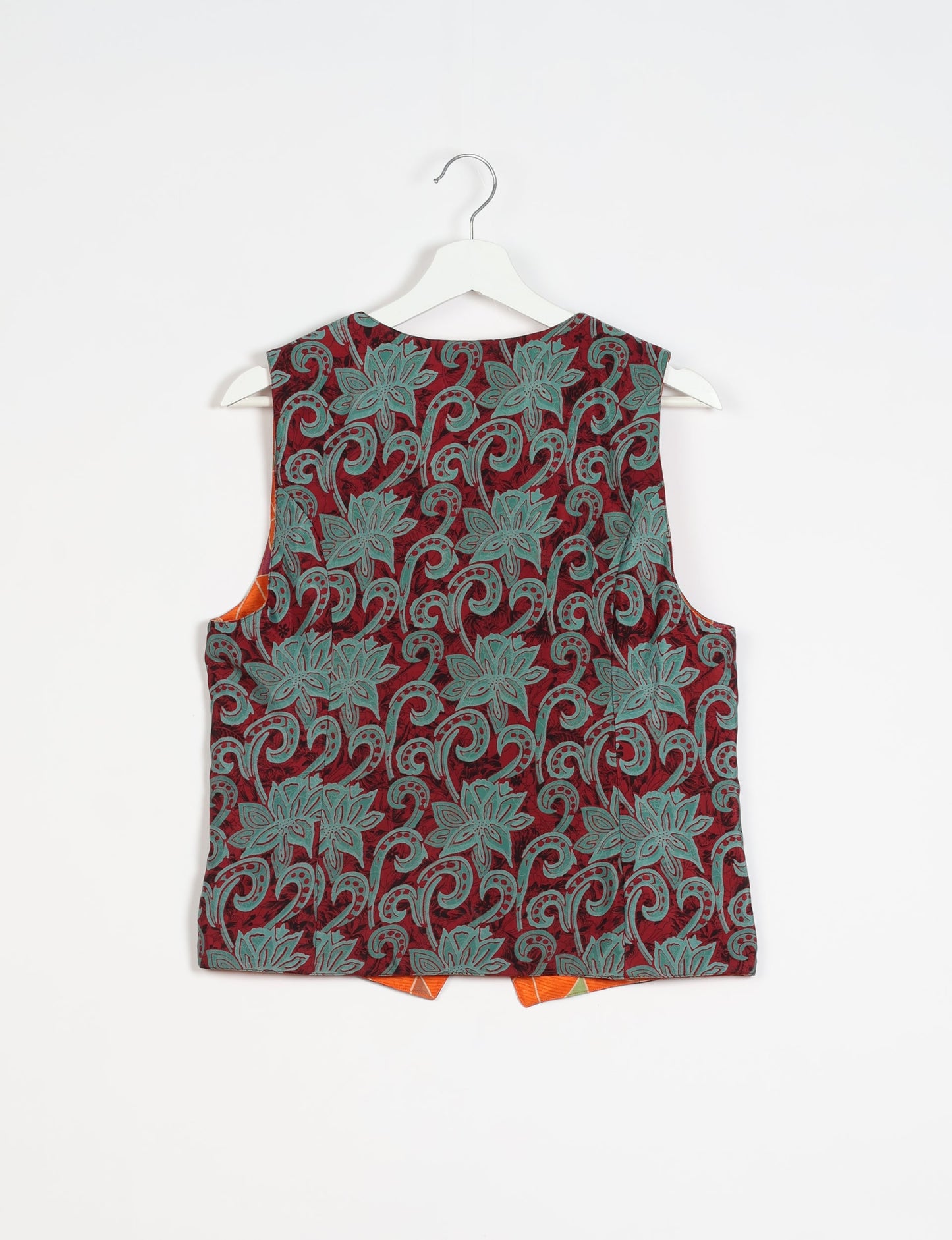 Day Waistcoat made from repurposed saris with macramé-covered buttons, showcasing eco clothing and recycled sari fashion for an eco-friendly, upcycled women's garment.