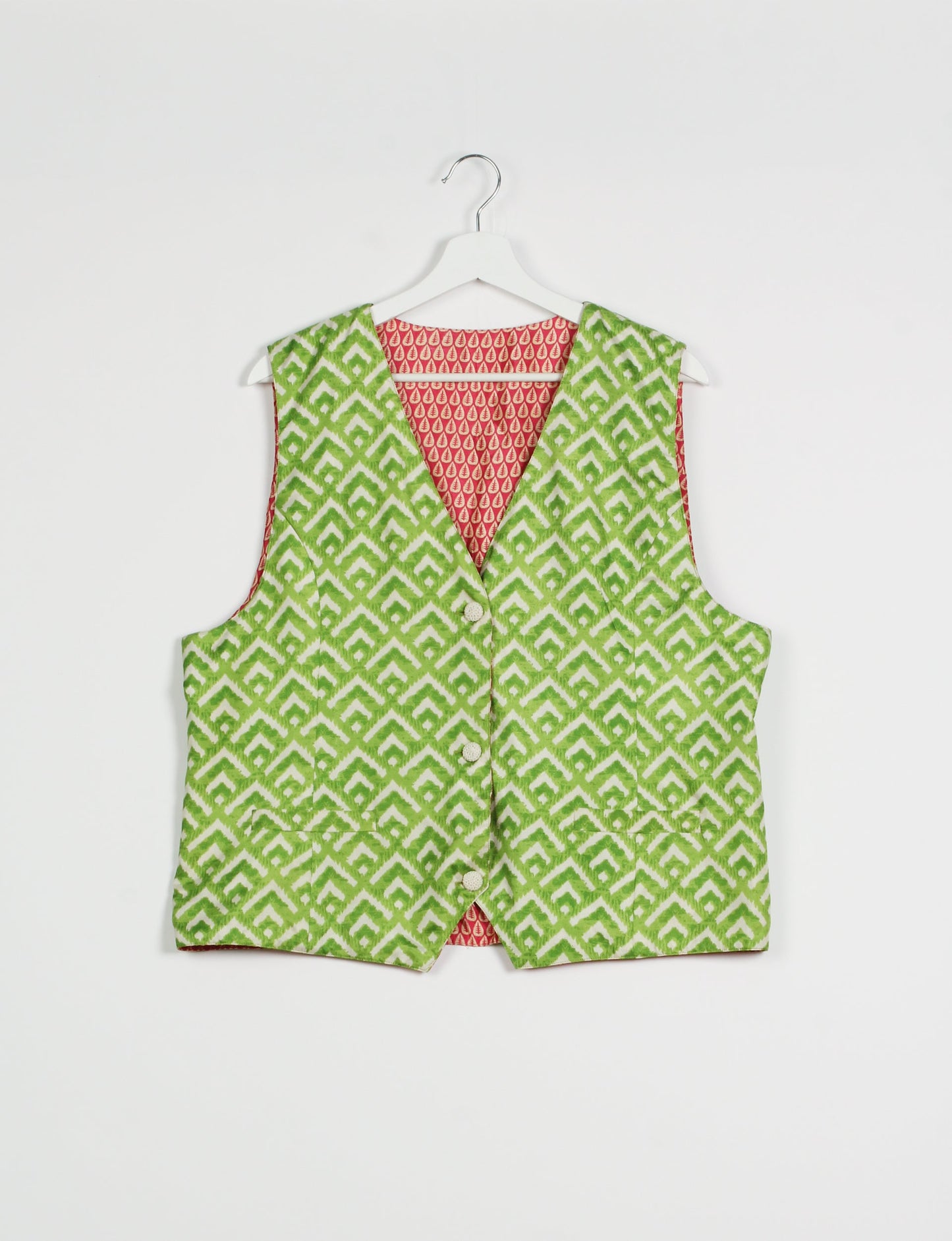 Day Waistcoat made from repurposed saris with macramé-covered buttons, showcasing eco clothing and recycled sari fashion for an eco-friendly, upcycled women's garment.