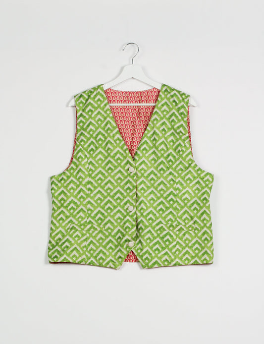 Day Waistcoat made from repurposed saris with macramé-covered buttons, showcasing eco clothing and recycled sari fashion for an eco-friendly, upcycled women's garment.