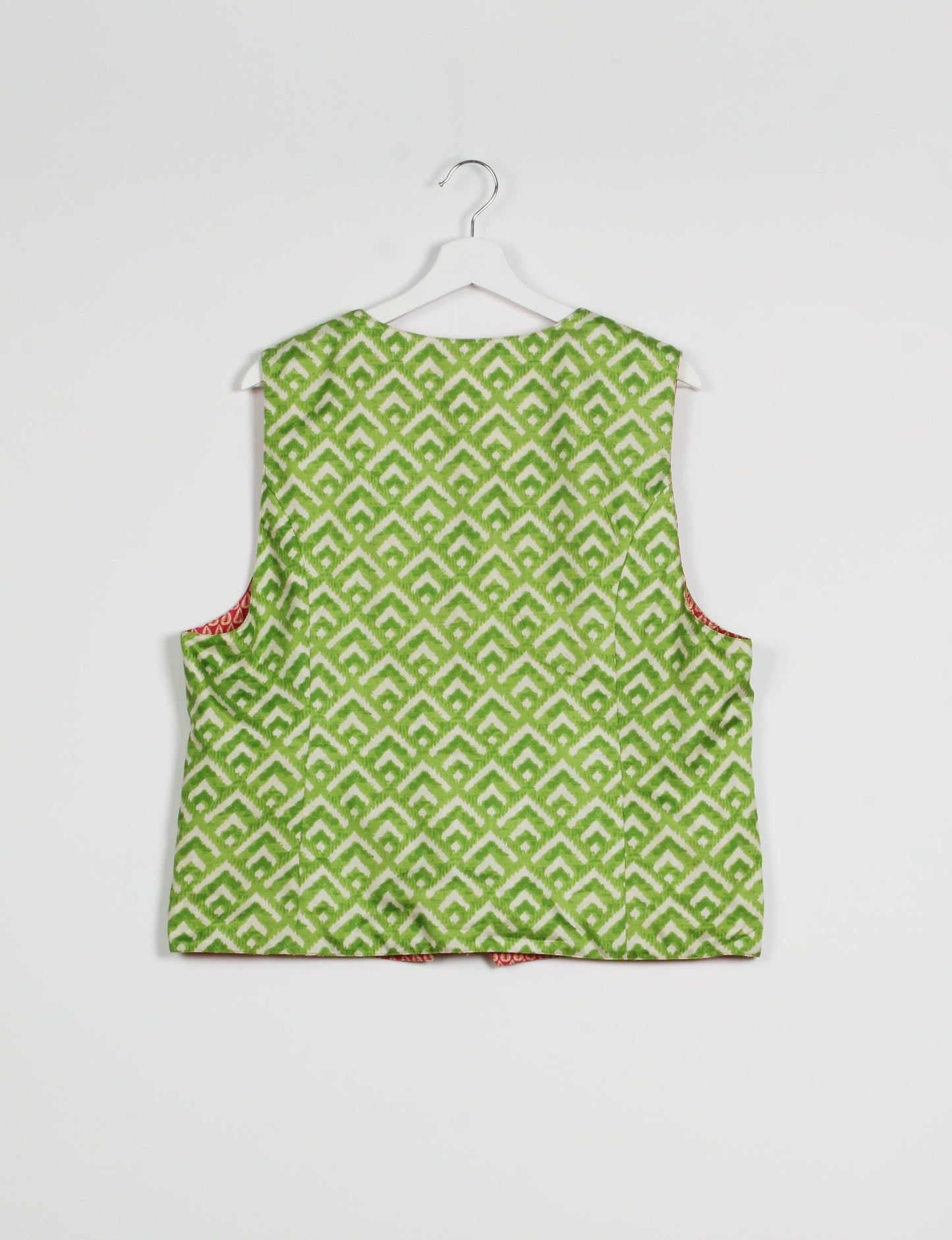 Day Waistcoat made from repurposed saris with macramé-covered buttons, showcasing eco clothing and recycled sari fashion for an eco-friendly, upcycled women's garment.