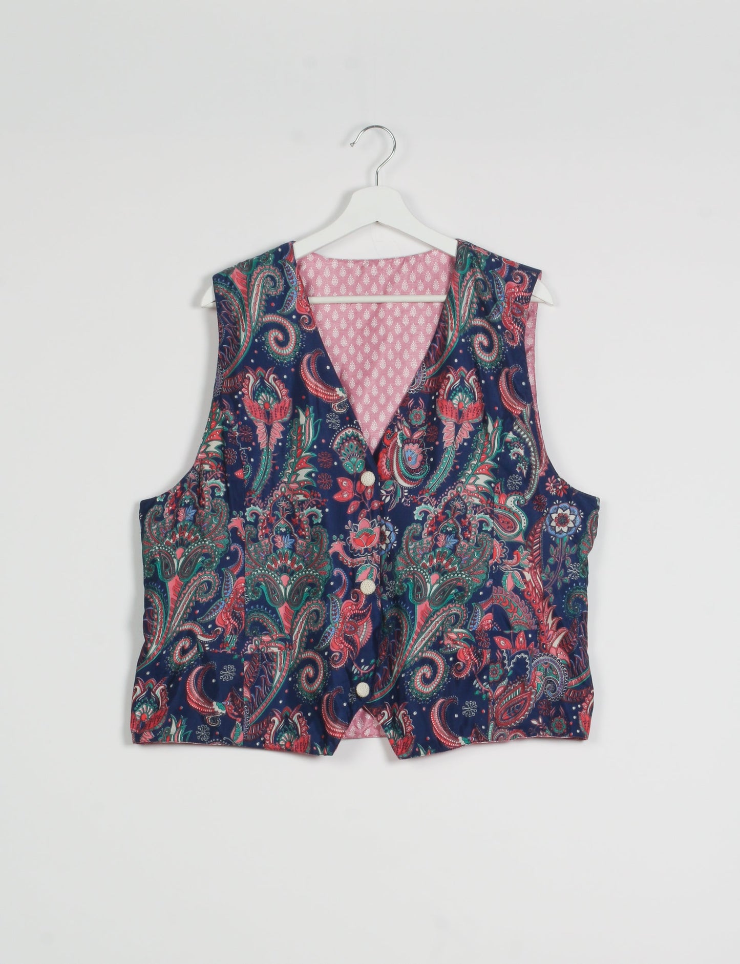 Day Waistcoat made from repurposed saris with macramé-covered buttons, showcasing eco clothing and recycled sari fashion for an eco-friendly, upcycled women's garment.