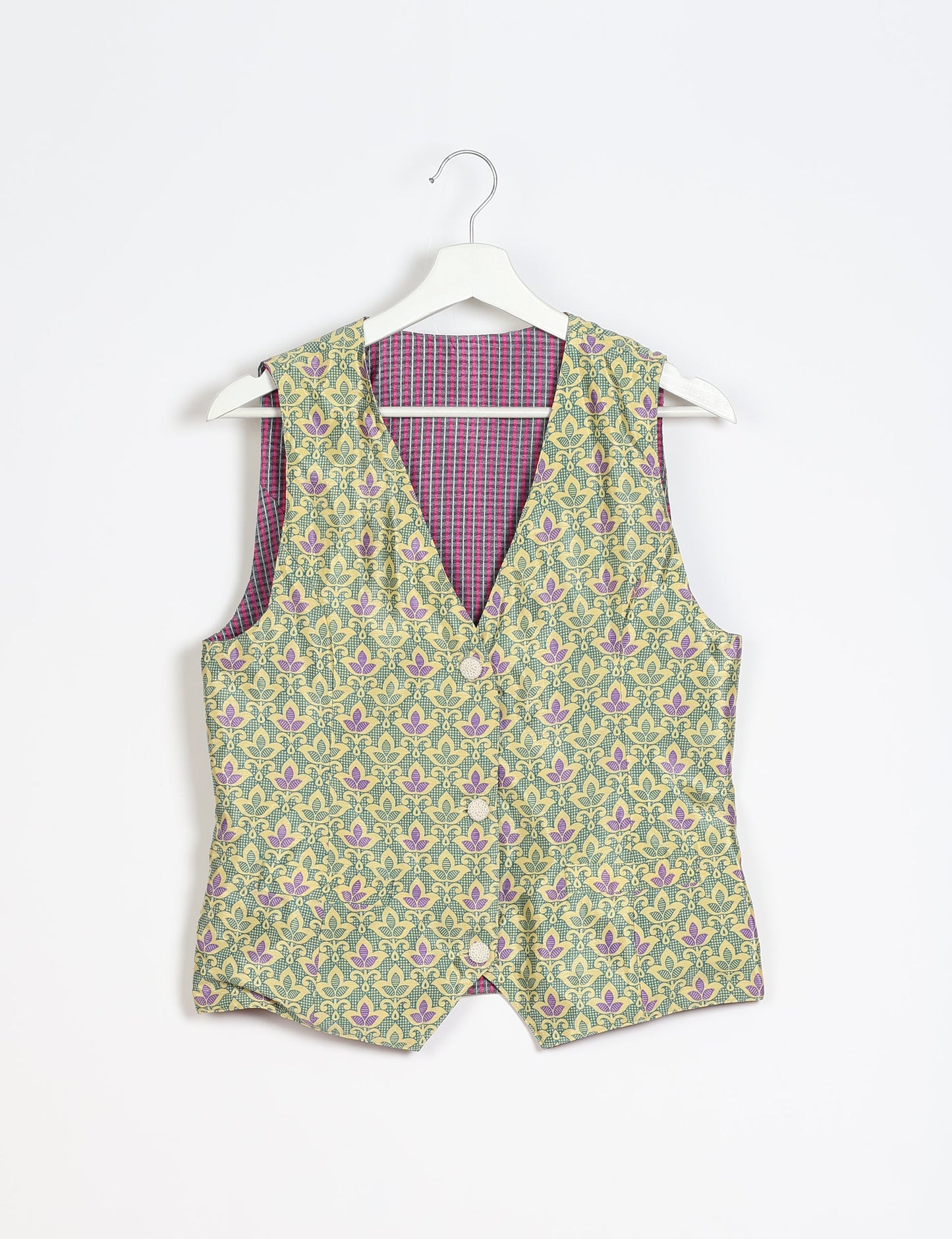 Day Waistcoat made from repurposed saris with macramé-covered buttons, showcasing eco clothing and recycled sari fashion for an eco-friendly, upcycled women's garment.