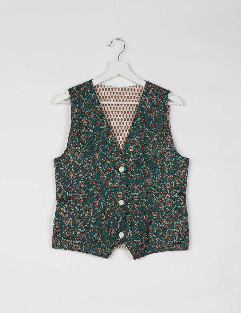 Green waistcoat with floral micro design, front button closure, and contrasting inner pattern, hanging on white hanger