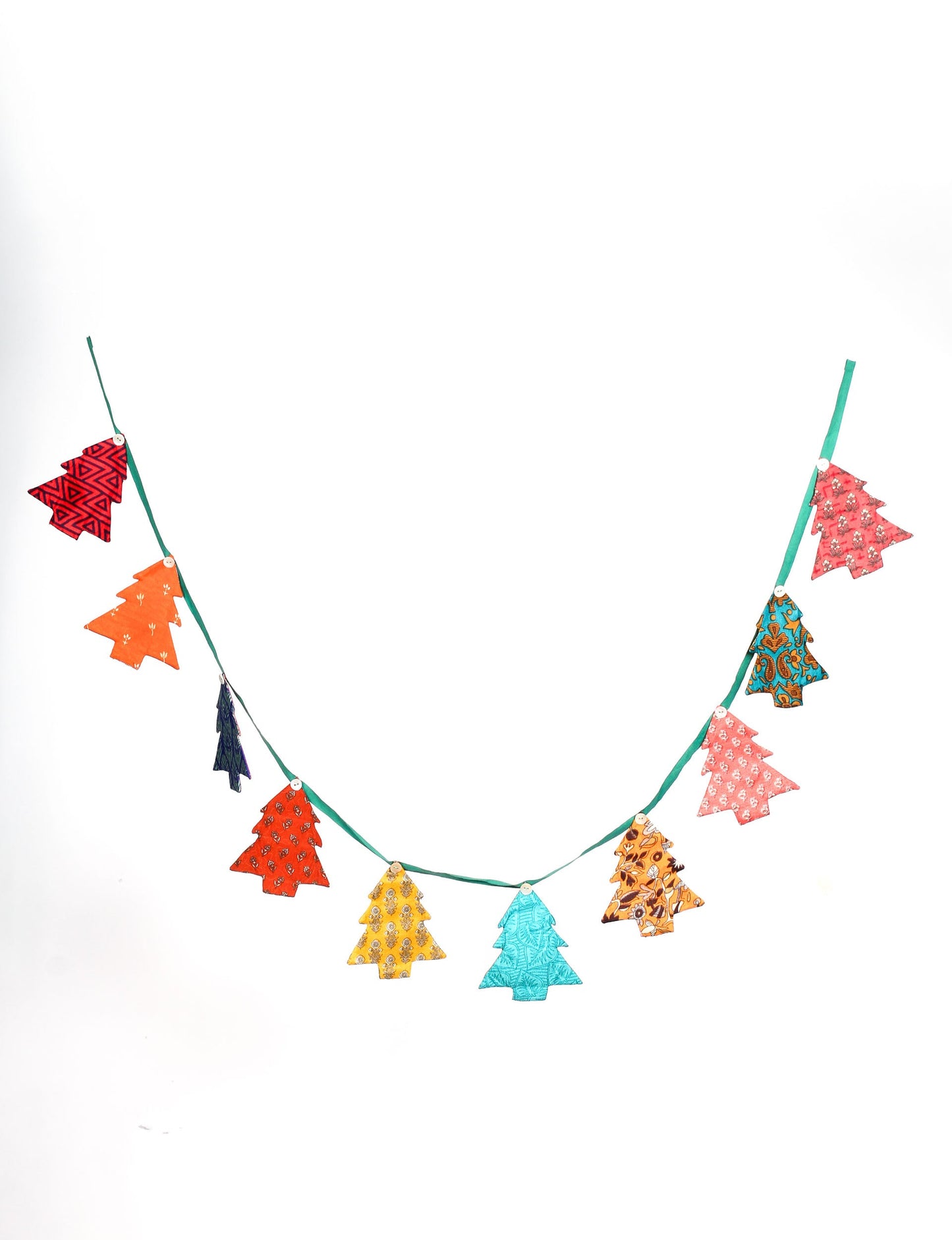 Eco-friendly Christmas bunting featuring Christmas tree patches made from recycled saris, attached to canvas lace with buttons. A sustainable, upcycled decoration promoting circular fashion and ethical holiday decor.