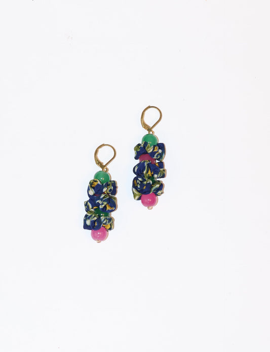 Floret Dangler Earrings featuring colorful beads, made from upcycled materials. These sustainable earrings represent eco-friendly fashion, promoting circular fashion and ethical clothing choices.