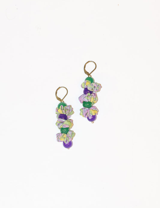 Floret Dangler Earrings featuring colorful beads, made from upcycled materials. These sustainable earrings represent eco-friendly fashion, promoting circular fashion and ethical clothing choices.