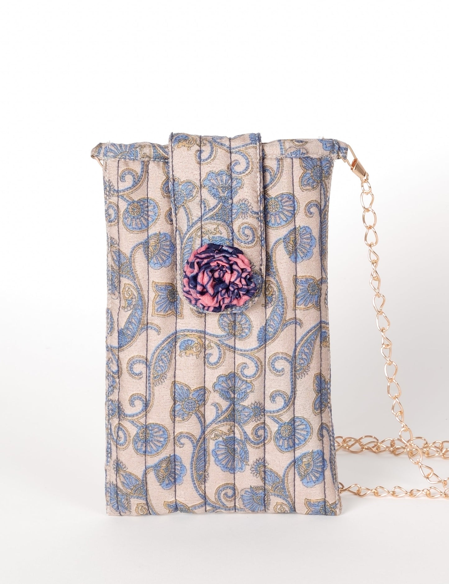 Stylish mobile phone pouch with florette embellishment. Made from sustainable materials for eco-friendly fashion.