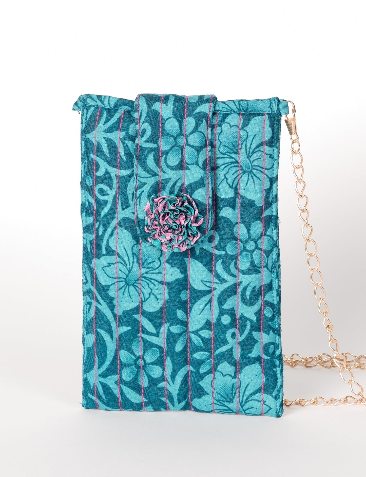 Stylish mobile phone pouch with florette embellishment. Made from sustainable materials for eco-friendly fashion.