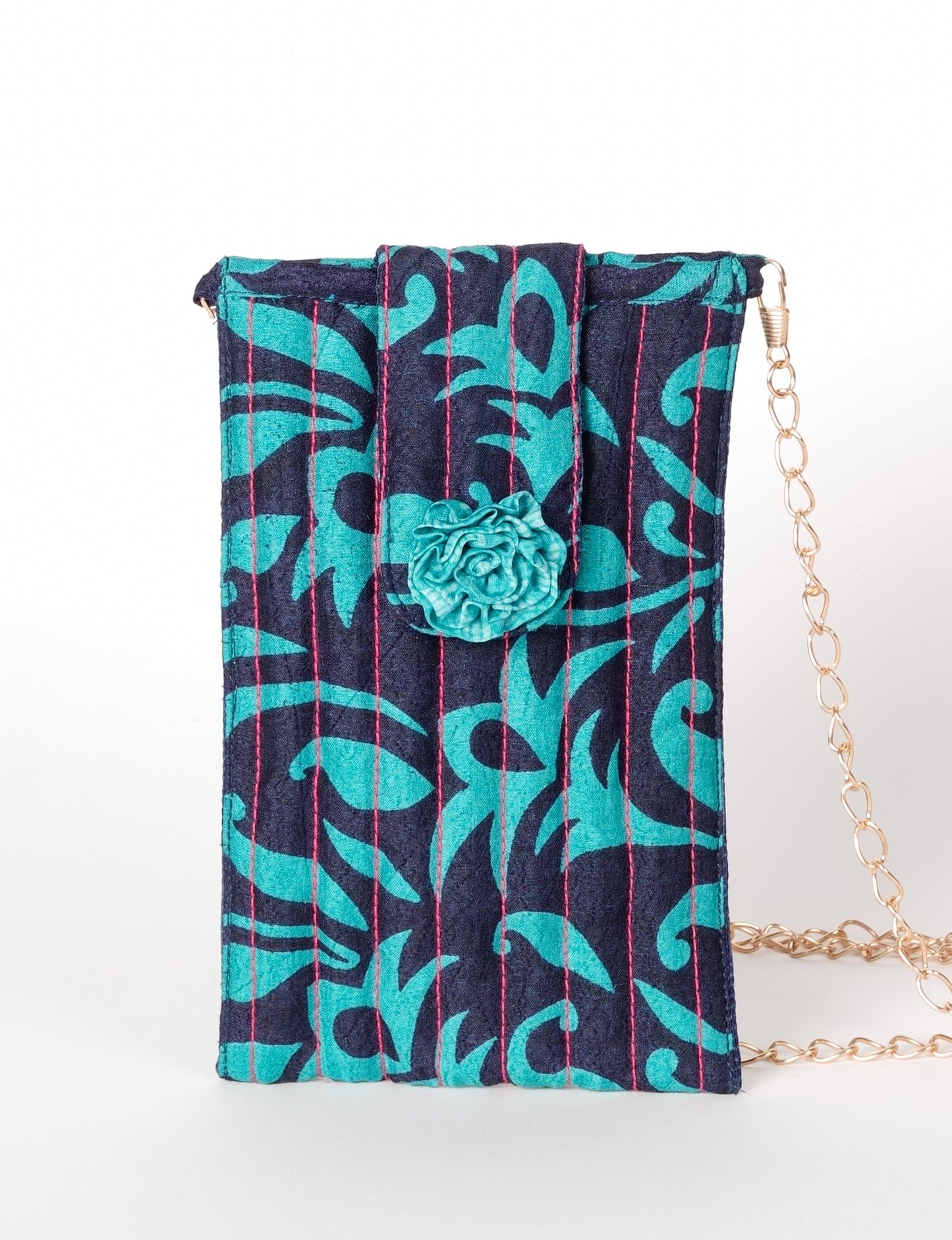 Stylish mobile phone pouch with florette embellishment. Made from sustainable materials for eco-friendly fashion.