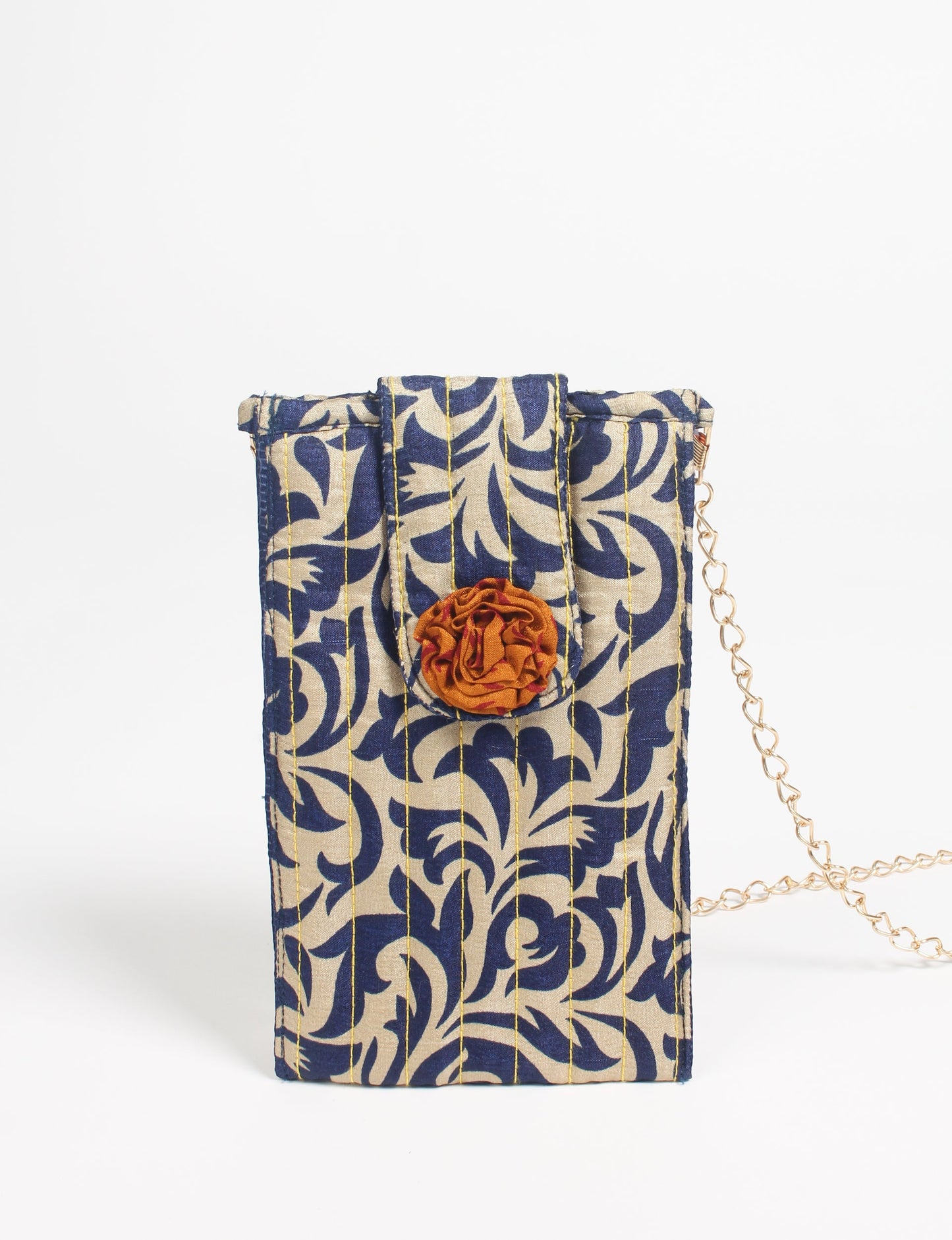 Stylish mobile phone pouch with florette embellishment. Made from sustainable materials for eco-friendly fashion.