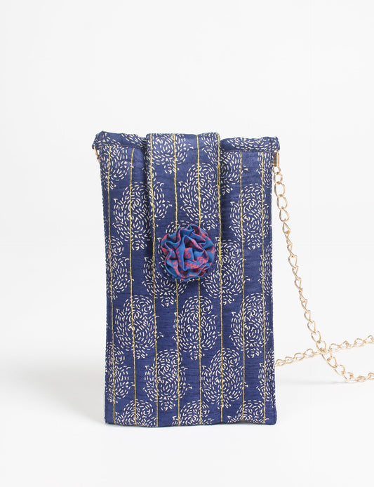 Stylish mobile phone pouch with florette embellishment. Made from sustainable materials for eco-friendly fashion.