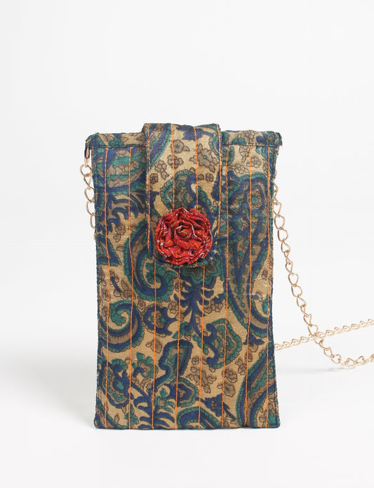 Stylish mobile phone pouch with florette embellishment. Made from sustainable materials for eco-friendly fashion.