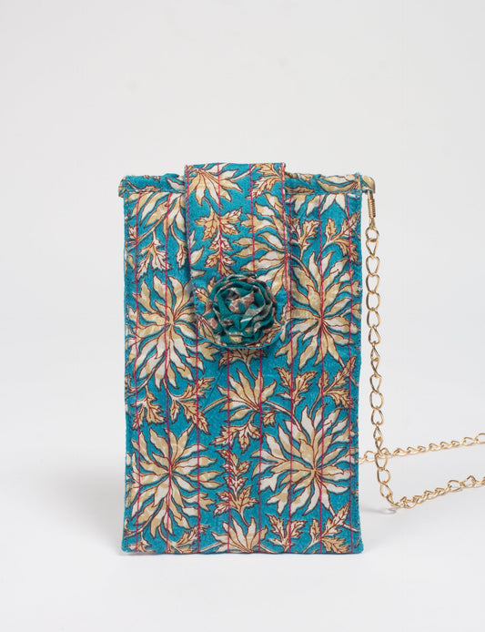 Stylish mobile phone pouch with florette embellishment. Made from sustainable materials for eco-friendly fashion.