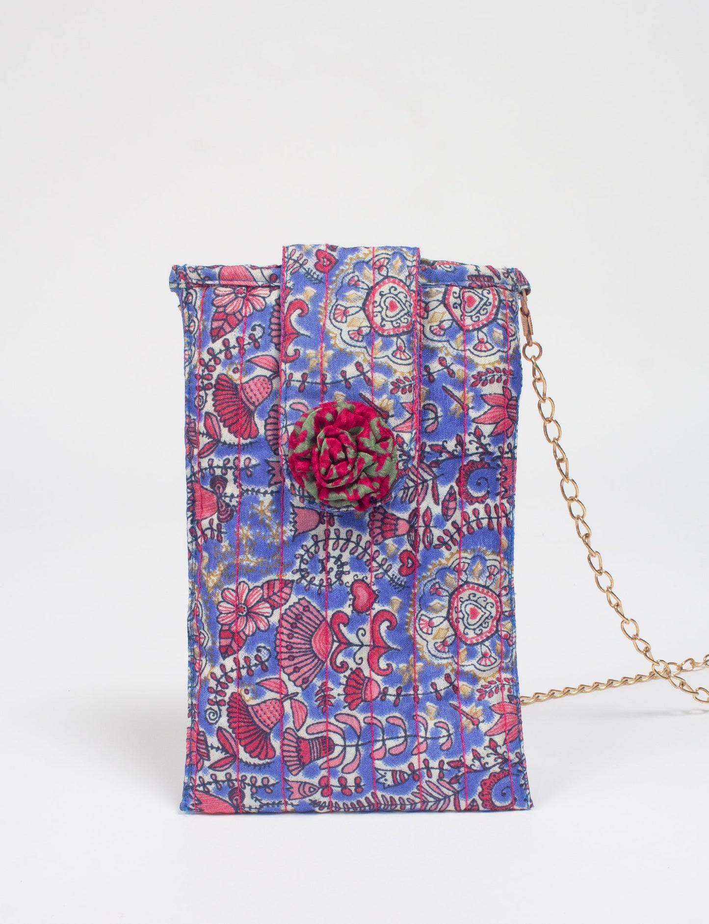 Stylish mobile phone pouch with florette embellishment. Made from sustainable materials for eco-friendly fashion.