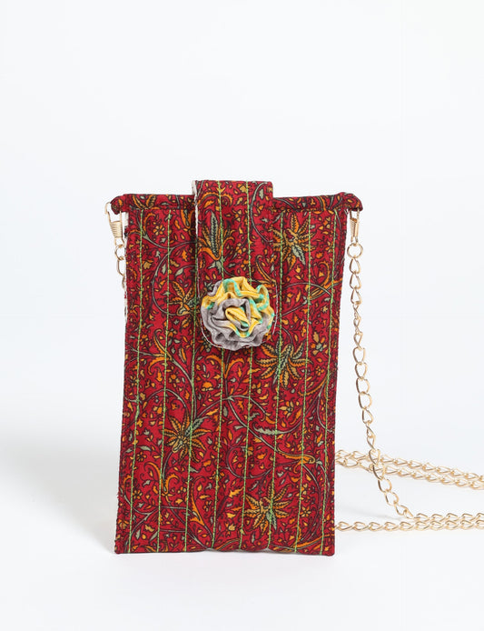 Stylish mobile phone pouch with florette embellishment. Made from sustainable materials for eco-friendly fashion.