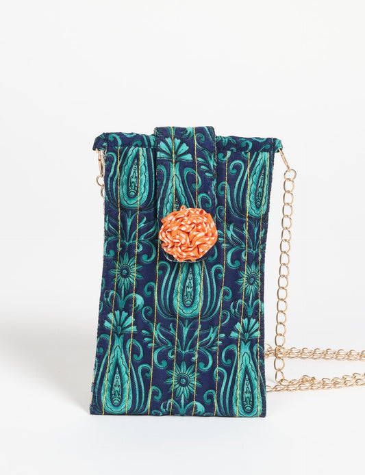 Stylish mobile phone pouch with florette embellishment. Made from sustainable materials for eco-friendly fashion.