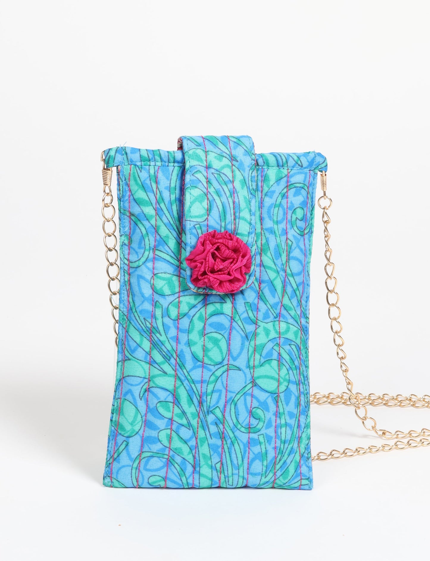 Stylish mobile phone pouch with florette embellishment. Made from sustainable materials for eco-friendly fashion.